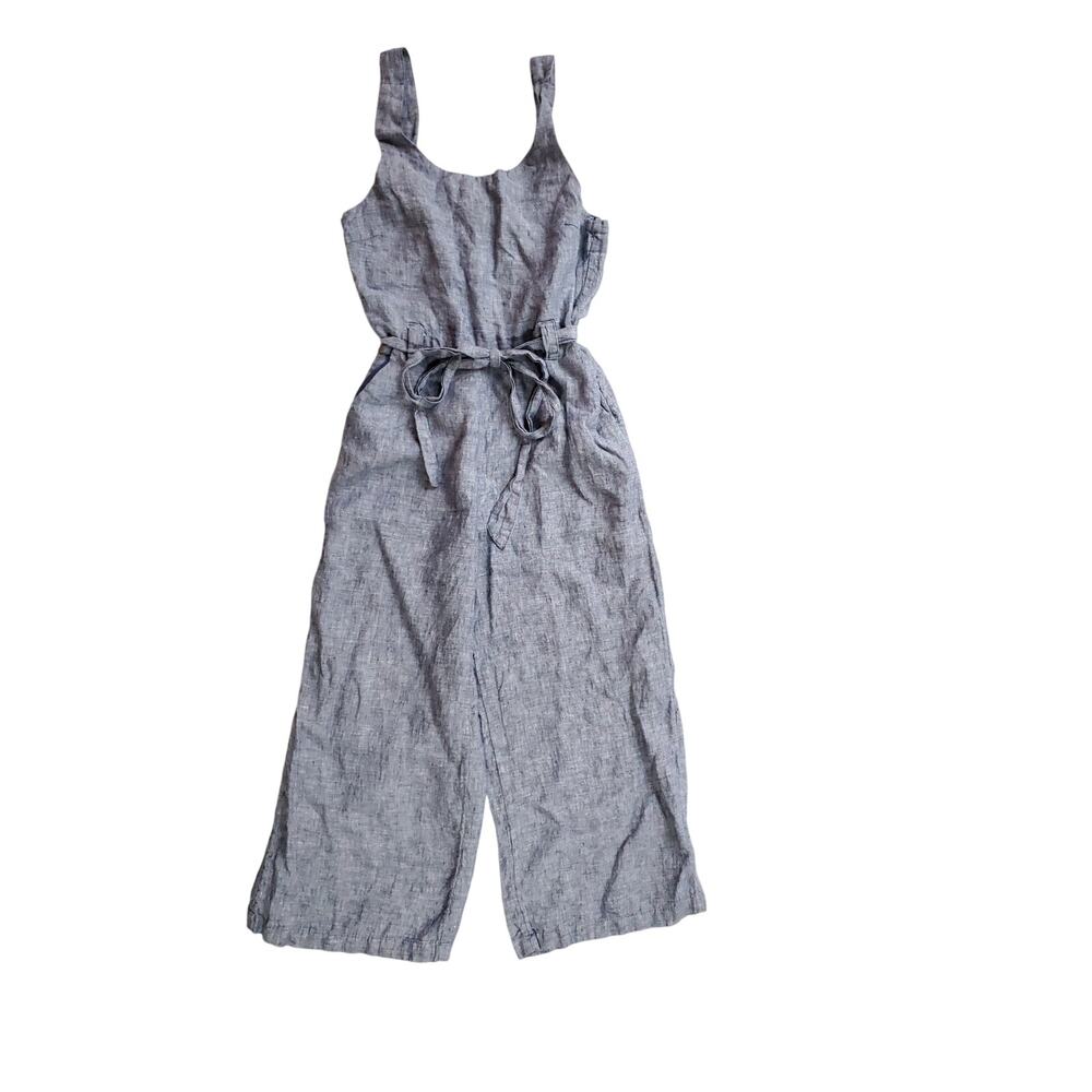 Rachel Zoe Blue Linen Sleeveless Cropped Wide Leg Jumpsuit Tie Waist Sz 2